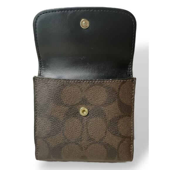 Coach Small Tri-Fold Wallet Black Leather & Signature Canvas Card Holder - Picture 4 of 13